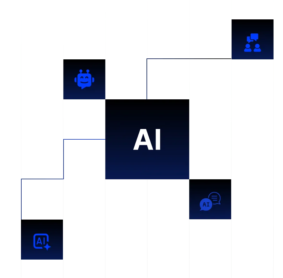 “AI-powered solutions network with chatbot, communication, and smart automation icons “