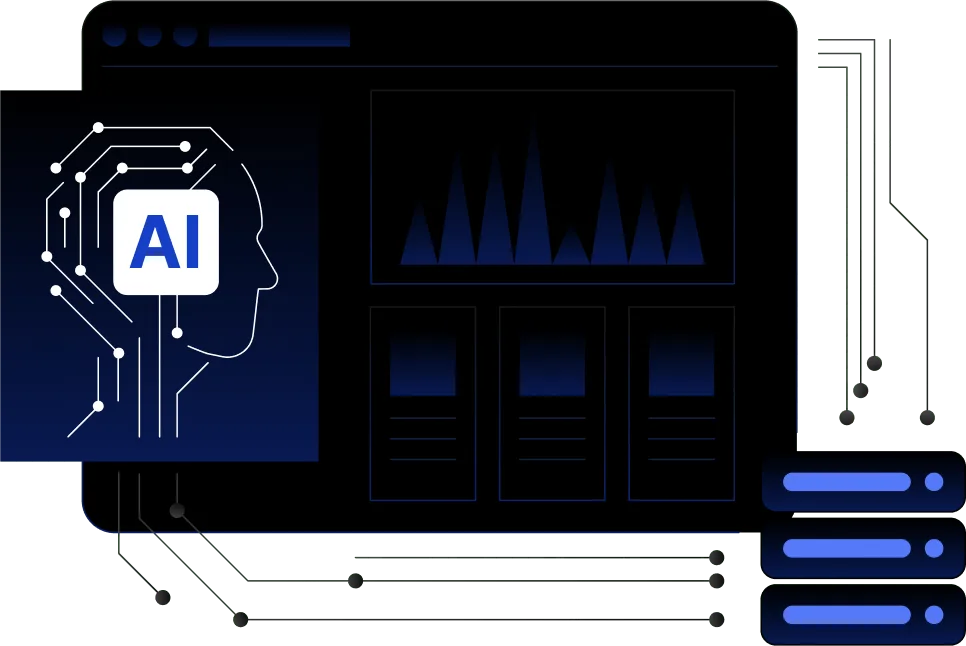 Artificial Intelligence system concept showing human head circuit and data charts