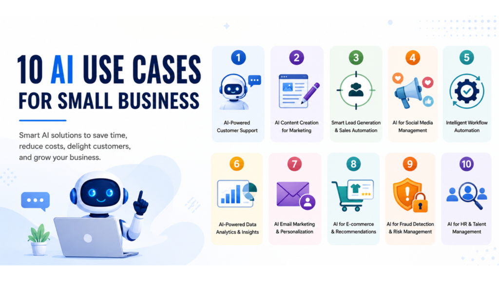 Infographic showing 10 AI use cases for small businesses including customer support, content creation, lead generation, workflow automation, analytics, email marketing, e-commerce recommendations, fraud detection, and HR management with AI robot illustration.