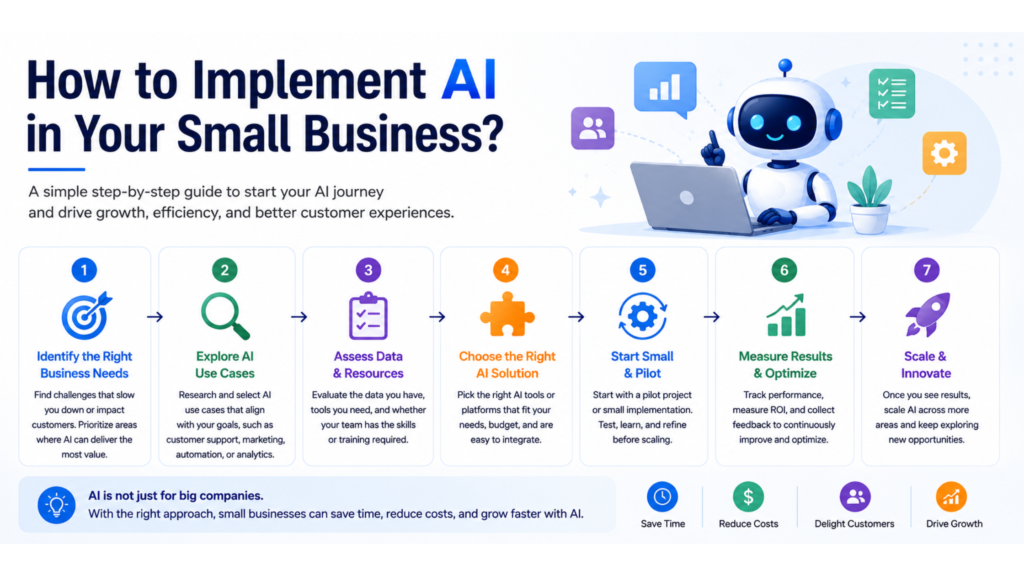 Banner titled “How to Implement AI in Your Small Business?” featuring a friendly AI robot, step-by-step AI implementation process, business growth icons, and modern blue-themed design for small business automation and AI adoption.