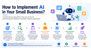 Banner titled “How to Implement AI in Your Small Business?” featuring a friendly AI robot, step-by-step AI implementation process, business growth icons, and modern blue-themed design for small business automation and AI adoption.