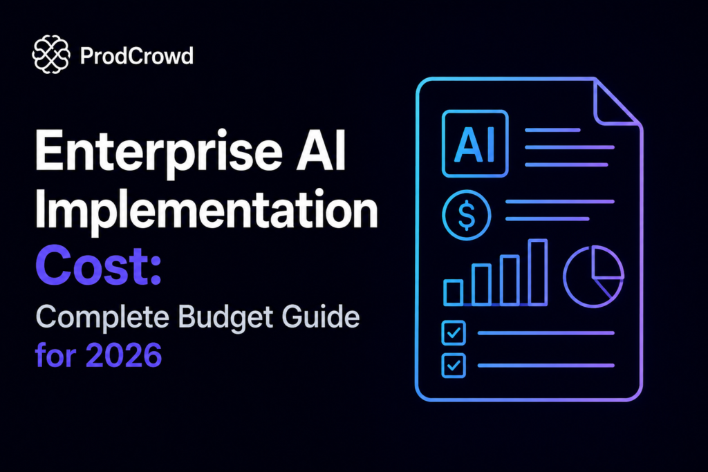 Illustration showing enterprise AI implementation cost breakdown including strategy, infrastructure, integrations, AI agents, cloud computing, and ROI.