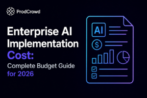 Illustration showing enterprise AI implementation cost breakdown including strategy, infrastructure, integrations, AI agents, cloud computing, and ROI.