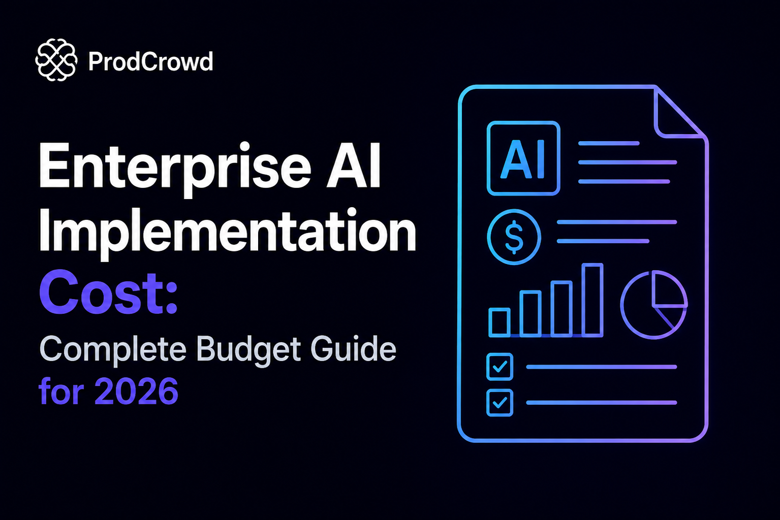 Illustration showing enterprise AI implementation cost breakdown including strategy, infrastructure, integrations, AI agents, cloud computing, and ROI.